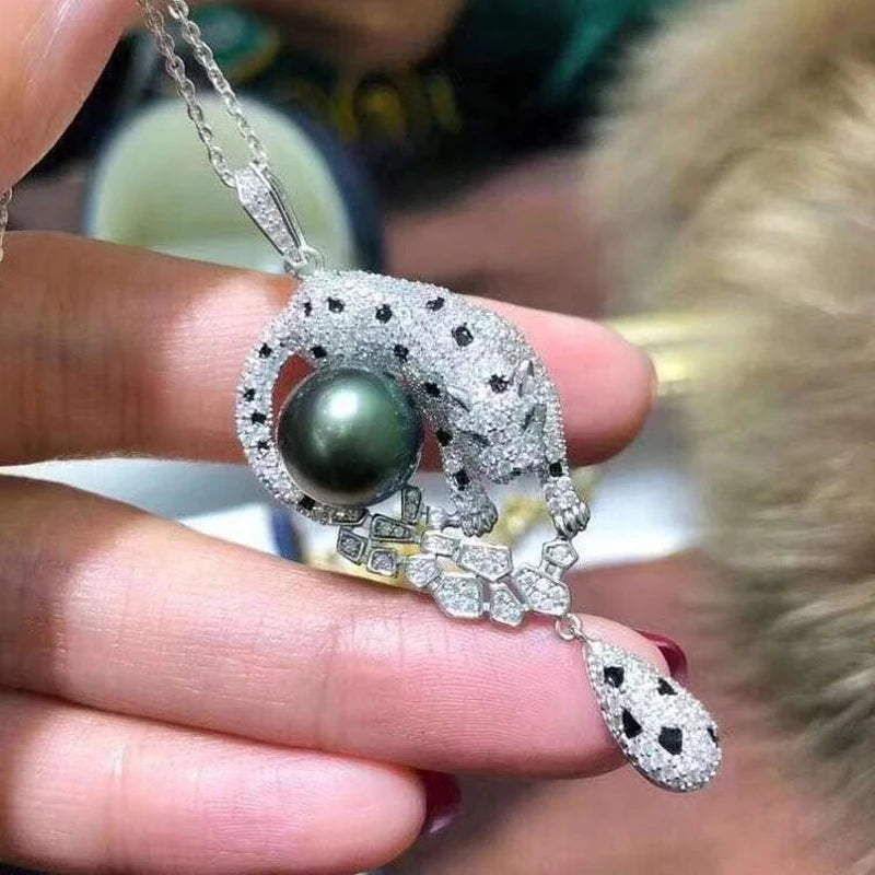 MeiBaPJ 11-12mm Big Black Leopard Natural Pearl Fashion Pendant Necklace 925 Sterling Silver Fine Wedding Jewelry for Women