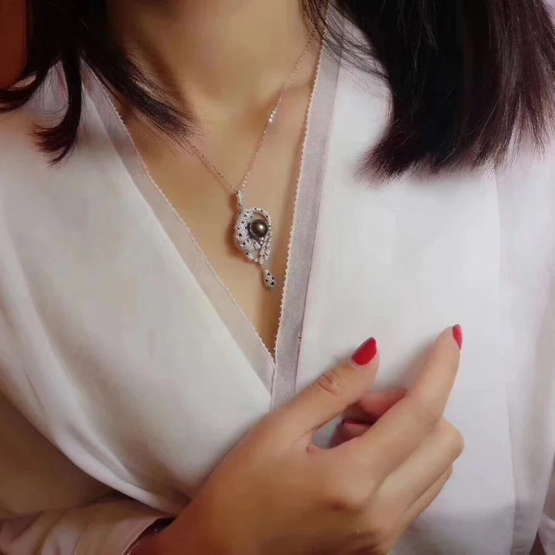 MeiBaPJ 11-12mm Big Black Leopard Natural Pearl Fashion Pendant Necklace 925 Sterling Silver Fine Wedding Jewelry for Women